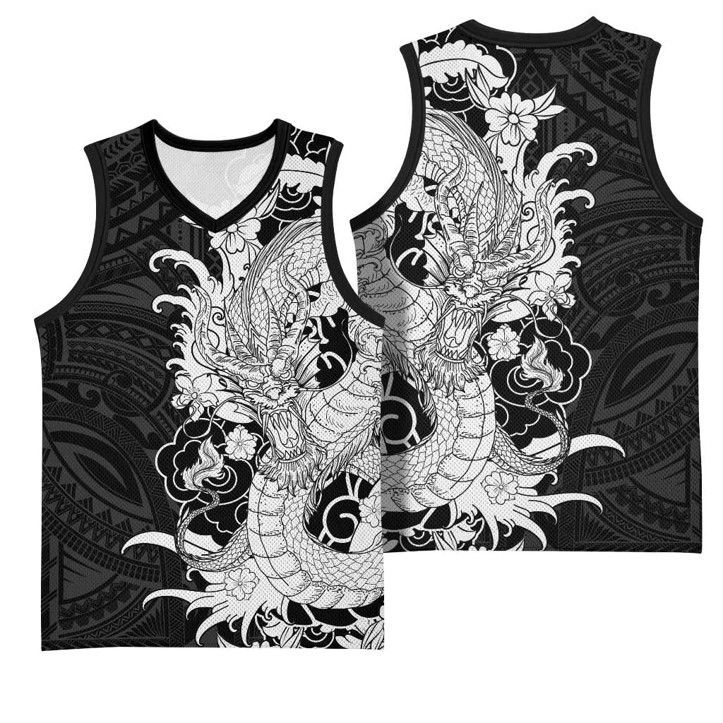 Hawaiian And Japanese Culture Basketball Jersey Irezumi Dragon With Polynesian Pattern Black LT05 - Polynesian Pride