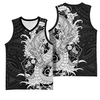 Hawaiian And Japanese Culture Basketball Jersey Irezumi Dragon With Polynesian Pattern Black LT05 - Polynesian Pride