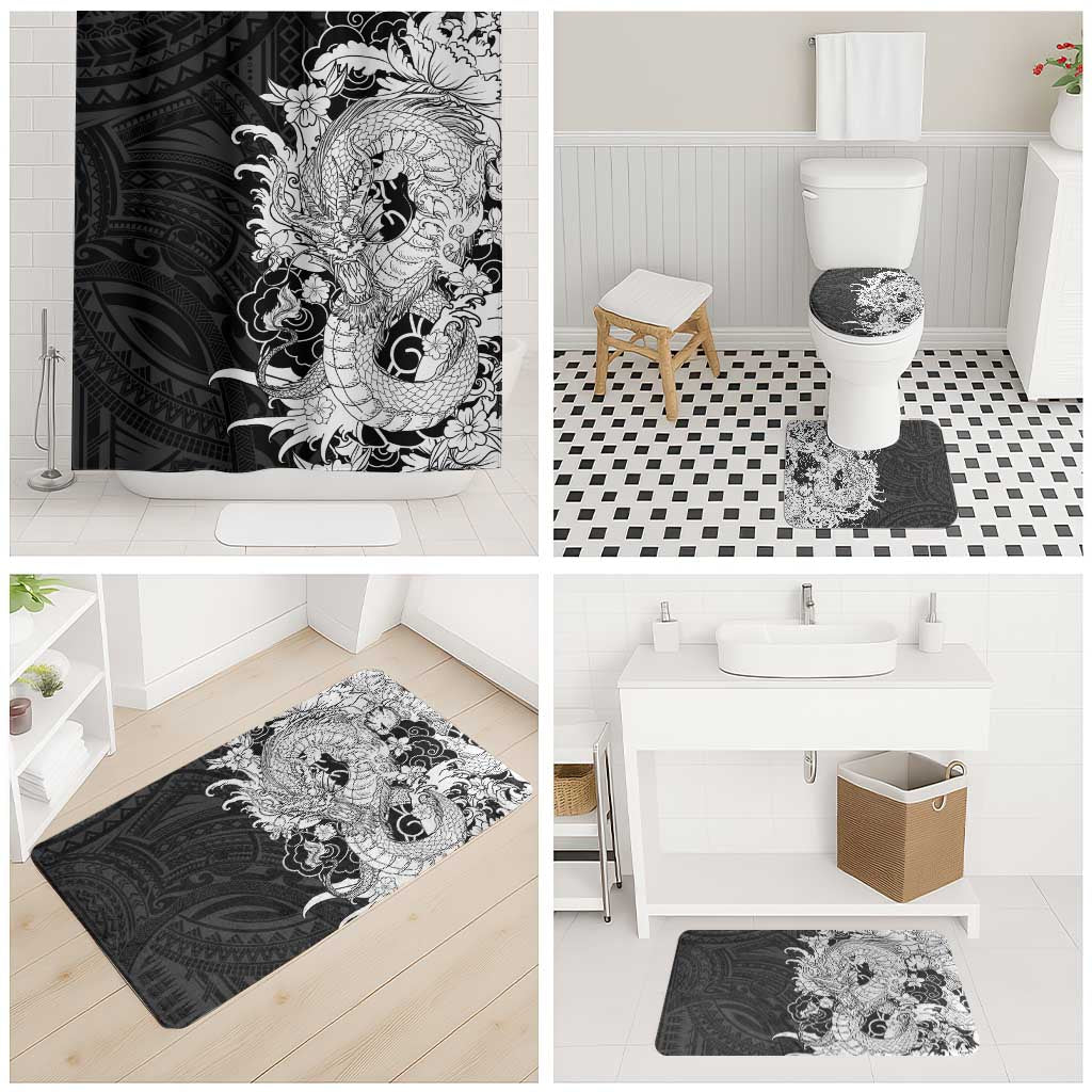 Hawaiian And Japanese Culture Bathroom Set Irezumi Dragon With Polynesian Pattern Black - Polynesian Pride