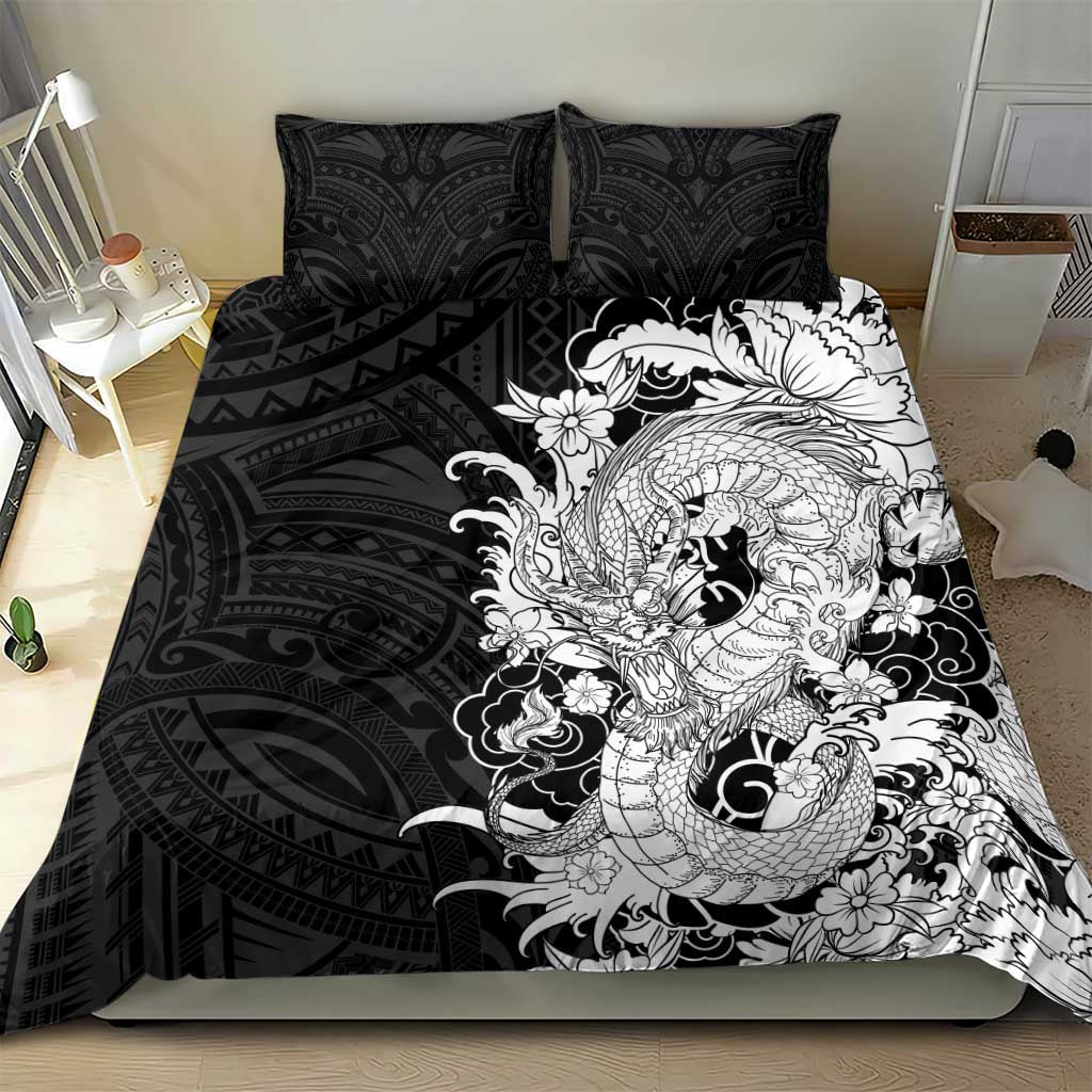 Hawaiian And Japanese Culture Bedding Set Irezumi Dragon With Polynesian Pattern Black - Polynesian Pride