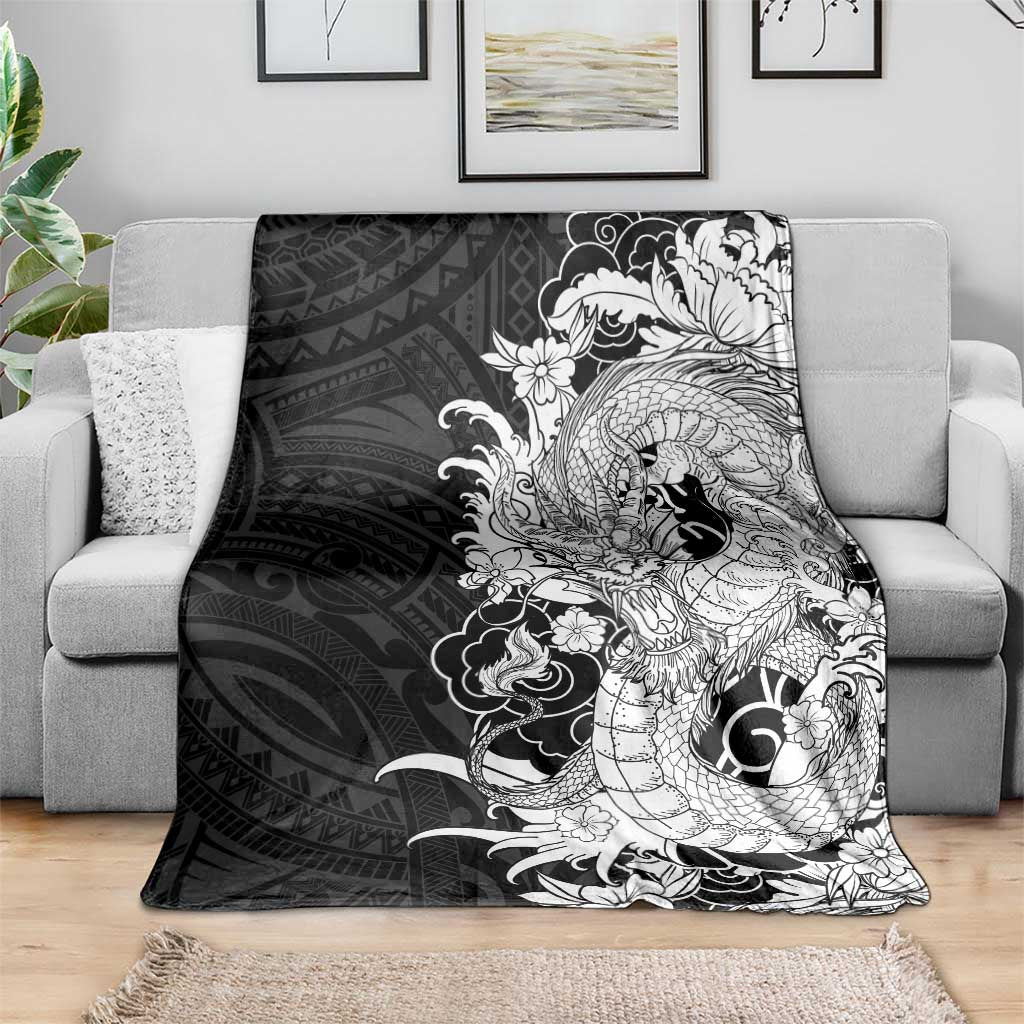 Hawaiian And Japanese Culture Blanket Irezumi Dragon With Polynesian Pattern Black - Polynesian Pride