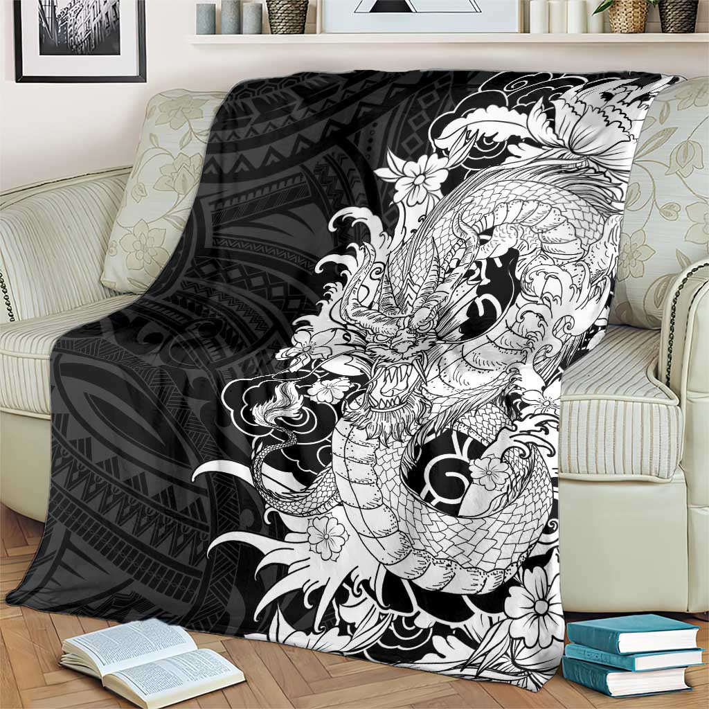Hawaiian And Japanese Culture Blanket Irezumi Dragon With Polynesian Pattern Black - Polynesian Pride