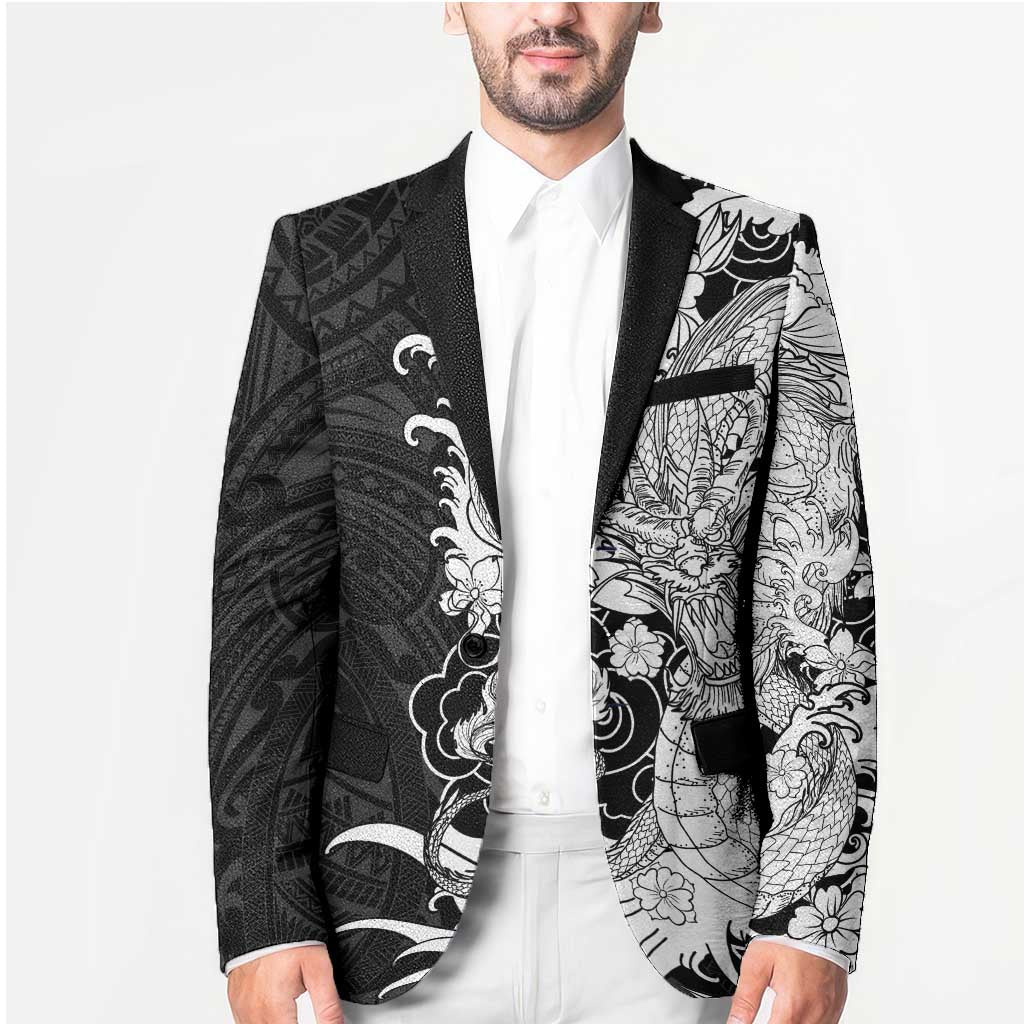 Hawaiian And Japanese Culture Blazer Irezumi Dragon With Polynesian Pattern Black - Polynesian Pride