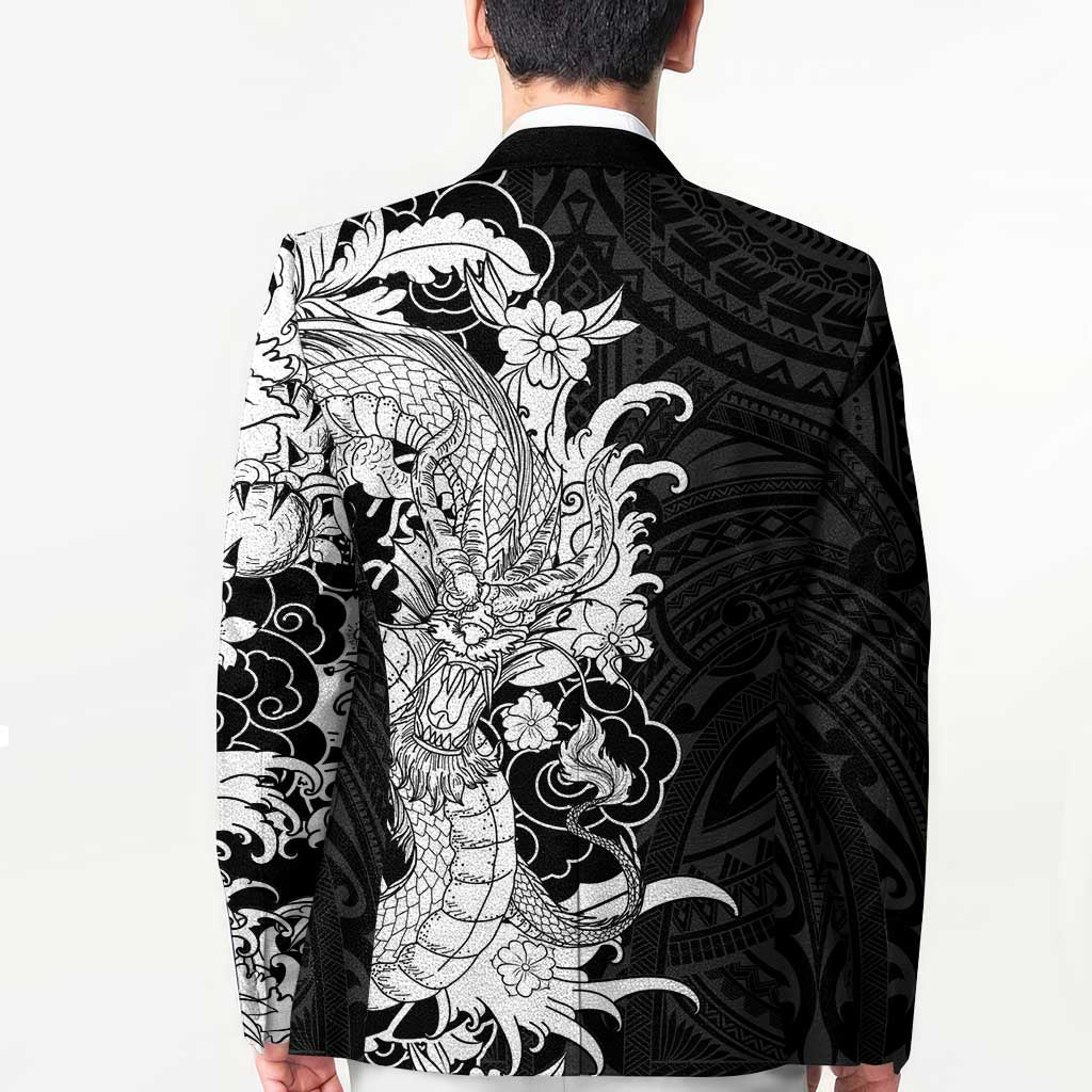 Hawaiian And Japanese Culture Blazer Irezumi Dragon With Polynesian Pattern Black - Polynesian Pride