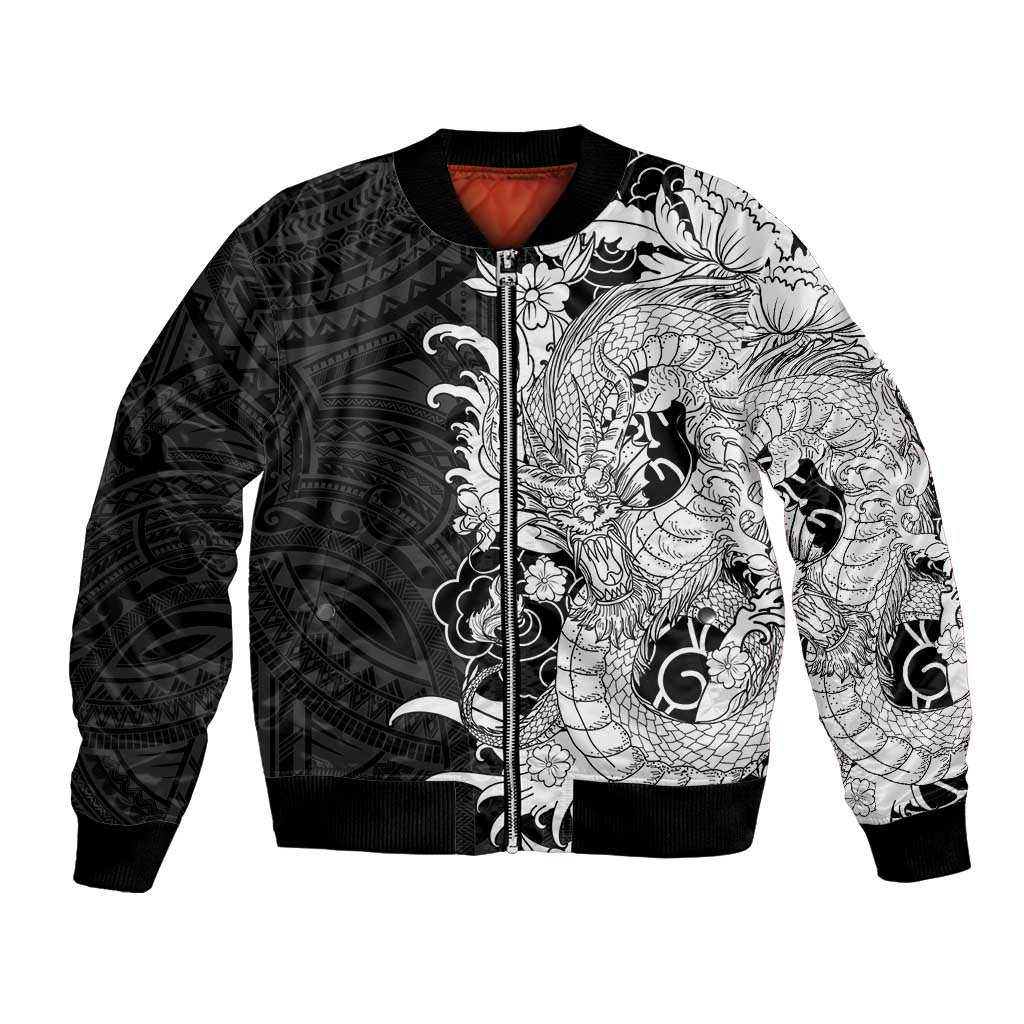 Hawaiian And Japanese Culture Bomber Jacket Irezumi Dragon With Polynesian Pattern Black - Polynesian Pride
