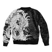 Hawaiian And Japanese Culture Bomber Jacket Irezumi Dragon With Polynesian Pattern Black - Polynesian Pride