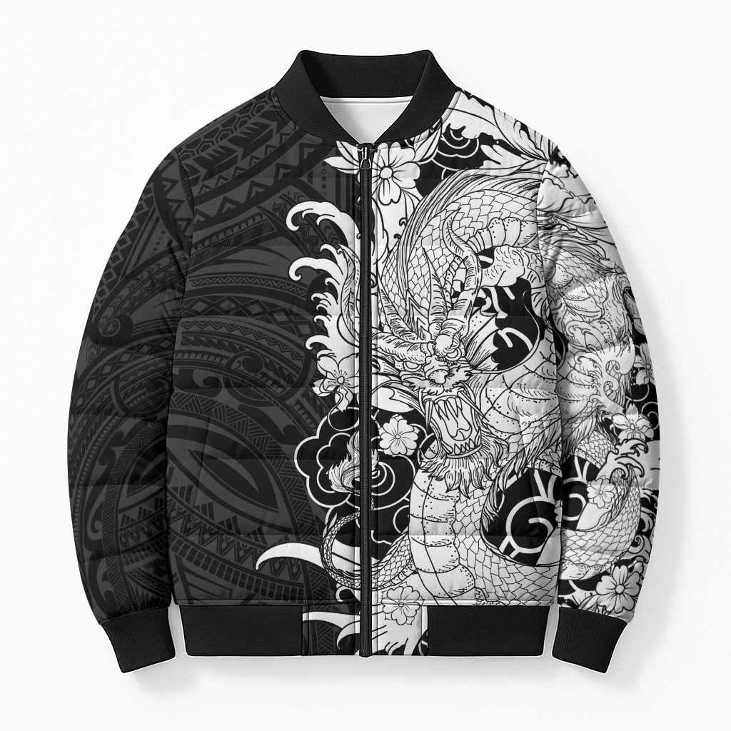 Hawaiian And Japanese Culture Bomber Puffer Jacket Irezumi Dragon With Polynesian Pattern Black LT05 Unisex Black - Polynesian Pride