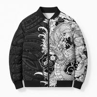 Hawaiian And Japanese Culture Bomber Puffer Jacket Irezumi Dragon With Polynesian Pattern Black LT05 Unisex Black - Polynesian Pride
