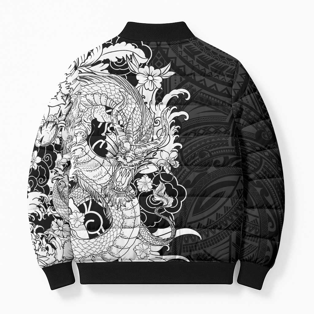 Hawaiian And Japanese Culture Bomber Puffer Jacket Irezumi Dragon With Polynesian Pattern Black LT05 - Polynesian Pride