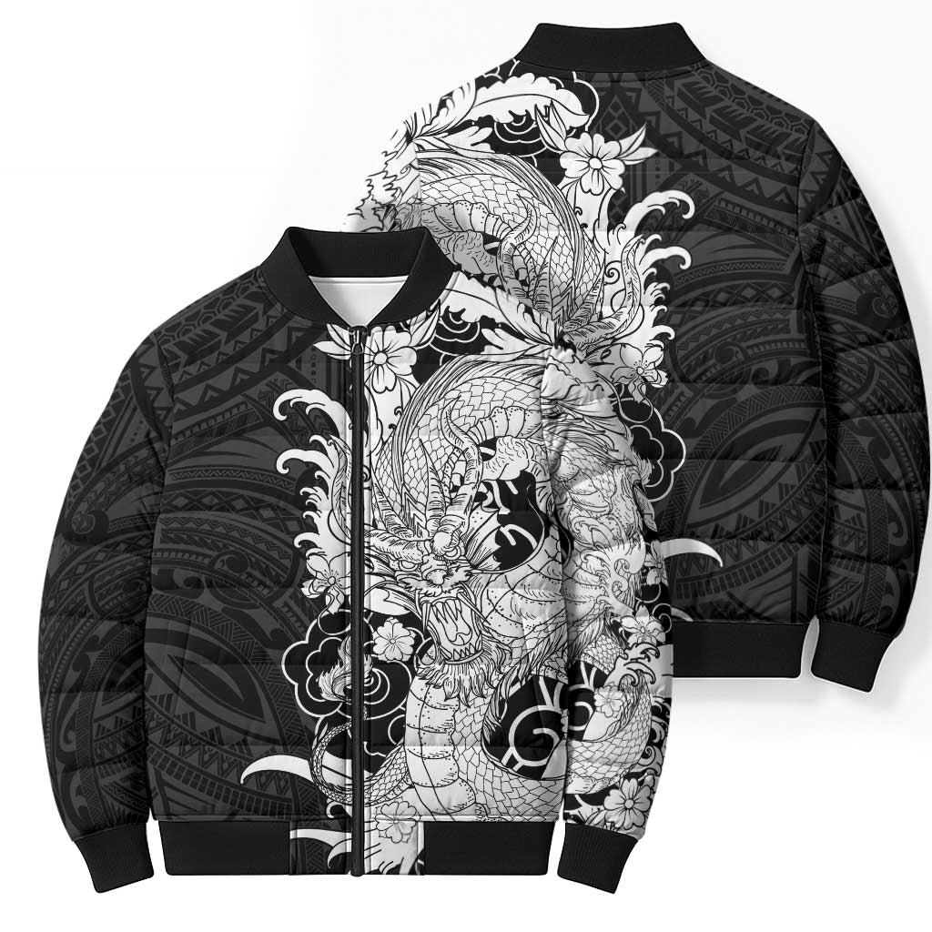 Hawaiian And Japanese Culture Bomber Puffer Jacket Irezumi Dragon With Polynesian Pattern Black LT05 - Polynesian Pride