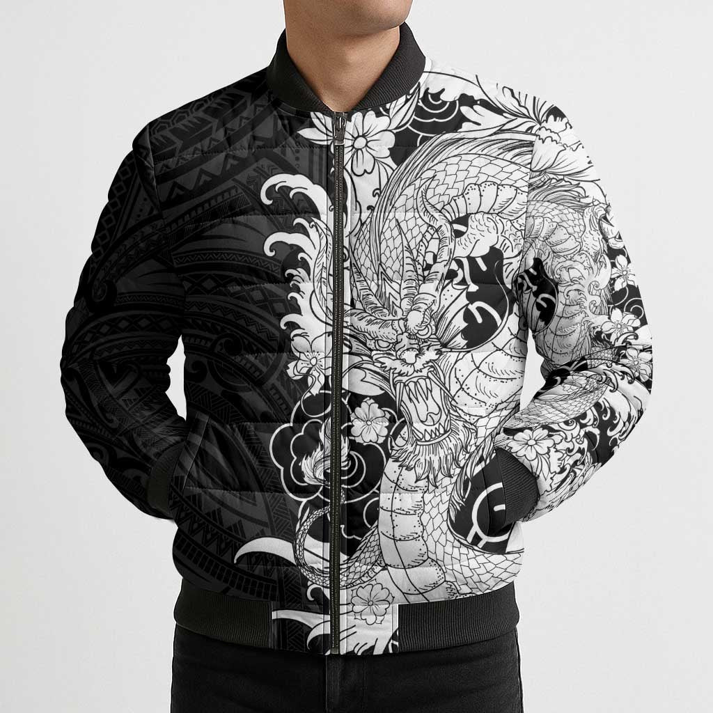 Hawaiian And Japanese Culture Bomber Puffer Jacket Irezumi Dragon With Polynesian Pattern Black LT05 - Polynesian Pride