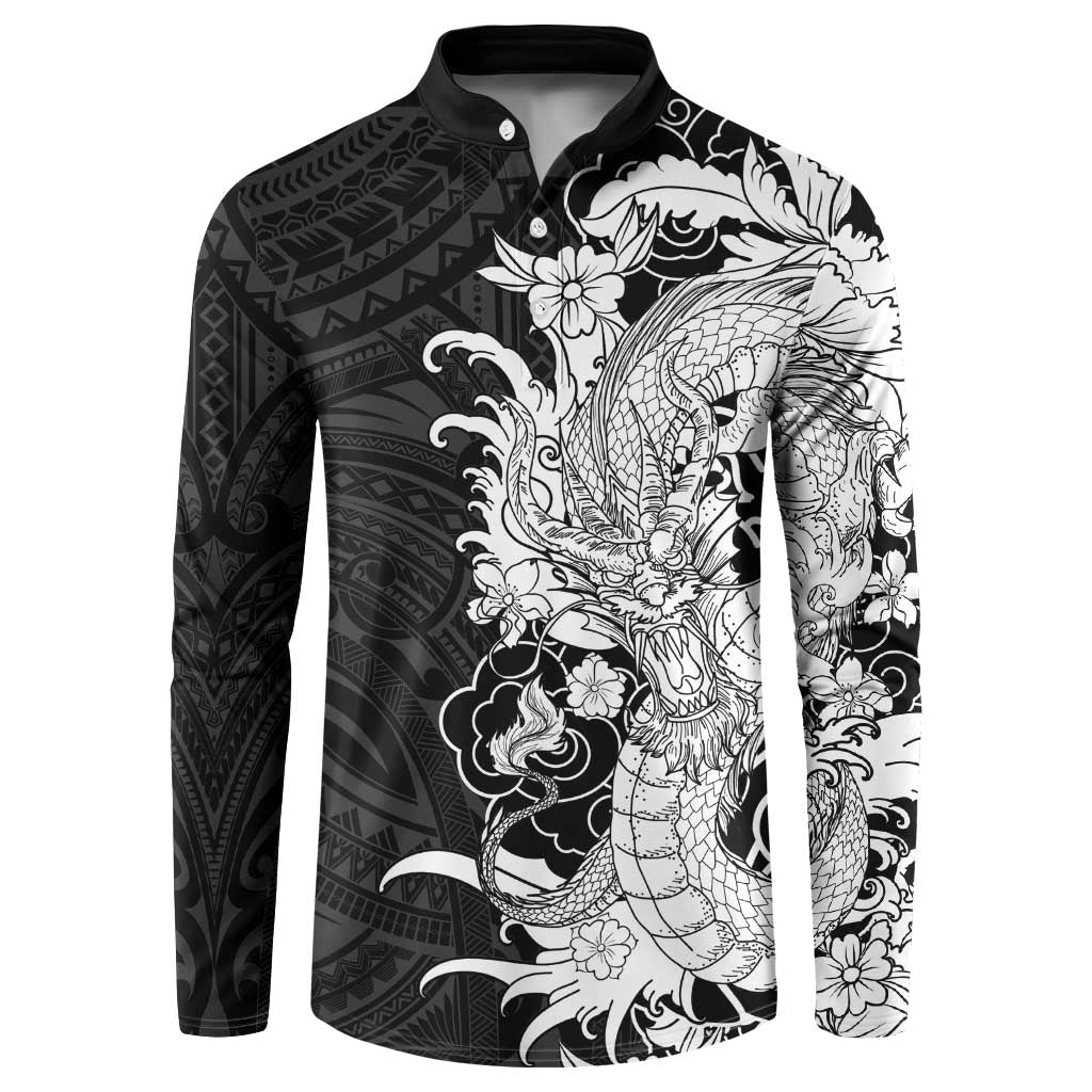 Hawaiian And Japanese Culture Button Sweatshirt Irezumi Dragon With Polynesian Pattern Black LT05 Black - Polynesian Pride