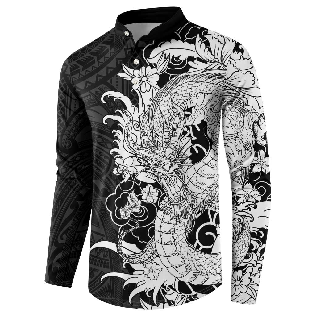 Hawaiian And Japanese Culture Button Sweatshirt Irezumi Dragon With Polynesian Pattern Black LT05 - Polynesian Pride