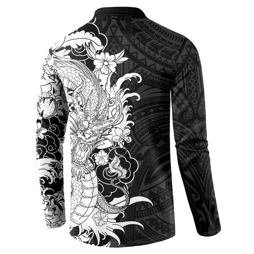 Hawaiian And Japanese Culture Button Sweatshirt Irezumi Dragon With Polynesian Pattern Black LT05 - Polynesian Pride