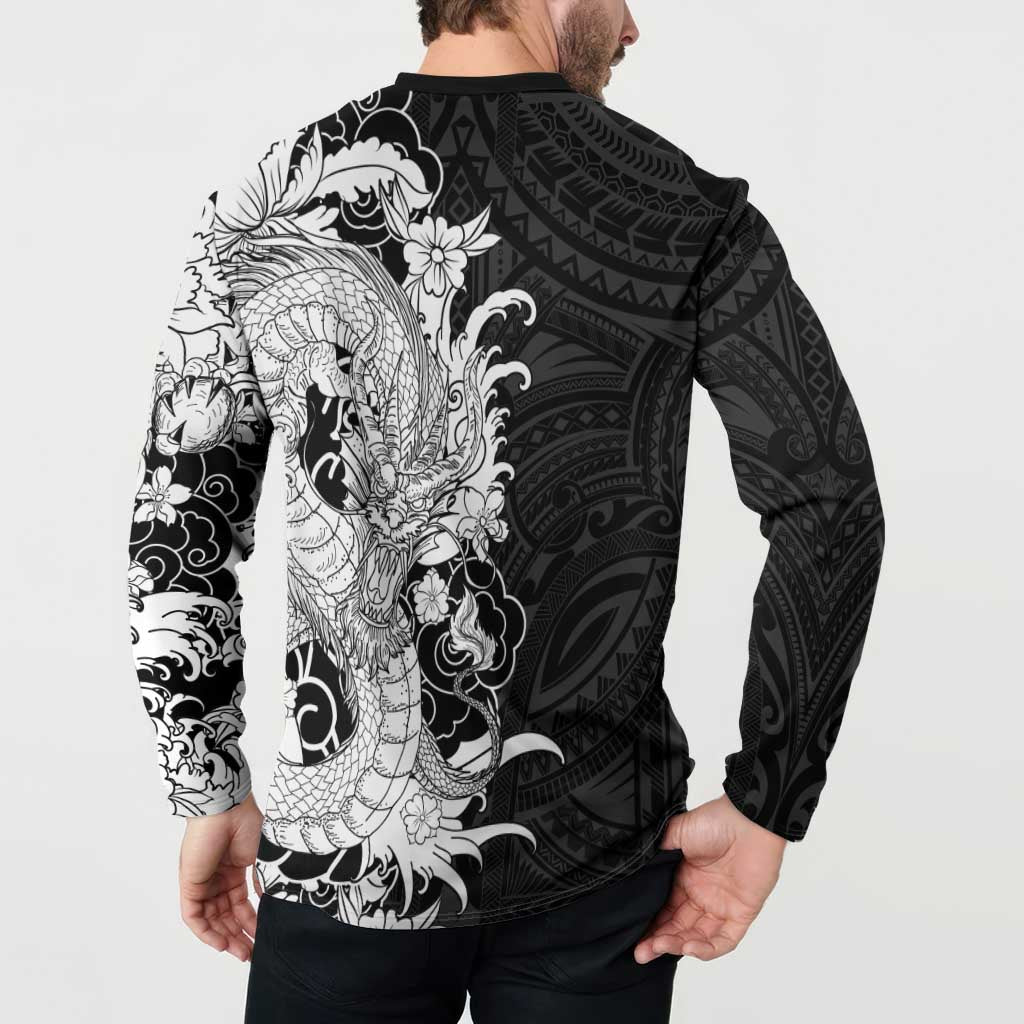 Hawaiian And Japanese Culture Button Sweatshirt Irezumi Dragon With Polynesian Pattern Black LT05 - Polynesian Pride