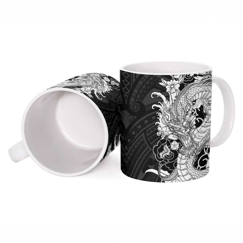 Hawaiian And Japanese Culture Ceramic Mug Irezumi Dragon With Polynesian Pattern Black LT05 - Polynesian Pride