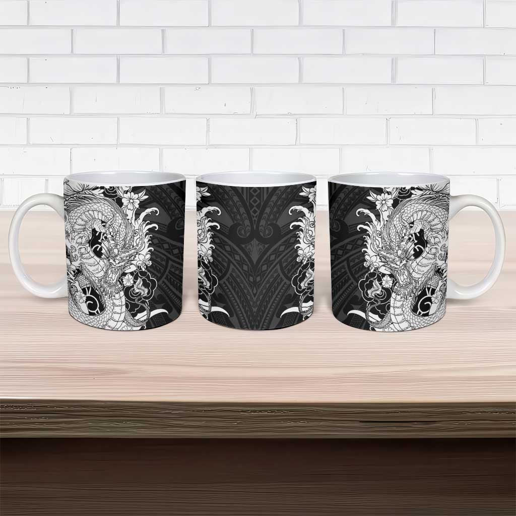 Hawaiian And Japanese Culture Ceramic Mug Irezumi Dragon With Polynesian Pattern Black LT05 - Polynesian Pride