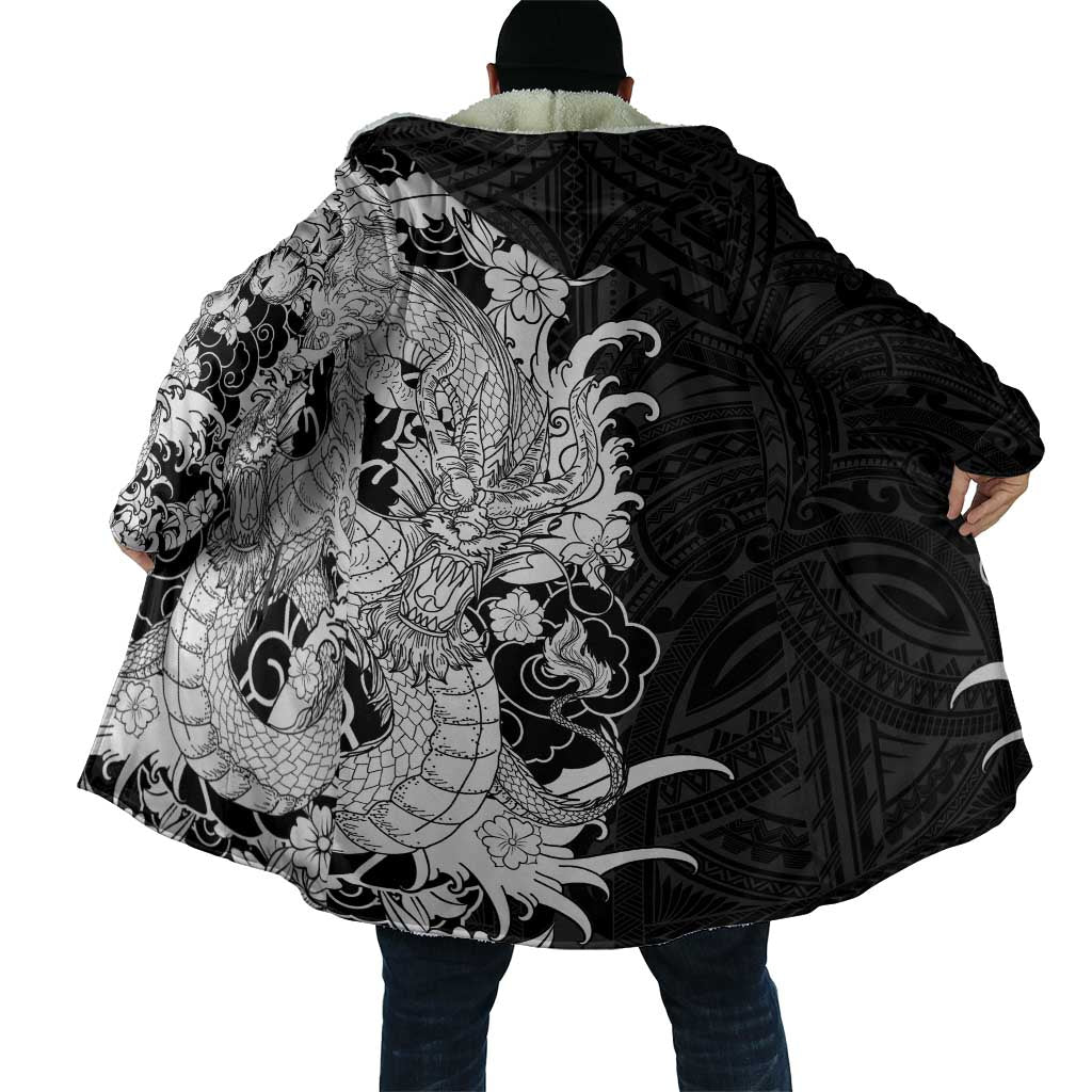 Hawaiian And Japanese Culture Cloak Irezumi Dragon With Polynesian Pattern Black LT05 - Polynesian Pride