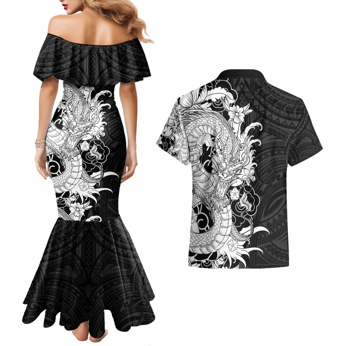 Hawaiian And Japanese Culture Couples Matching Mermaid Dress and Hawaiian Shirt Irezumi Dragon With Polynesian Pattern Black - Polynesian Pride