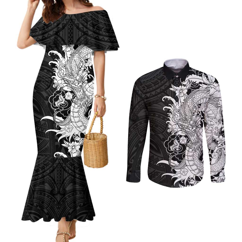 Hawaiian And Japanese Culture Couples Matching Mermaid Dress and Long Sleeve Button Shirt Irezumi Dragon With Polynesian Pattern Black - Polynesian Pride