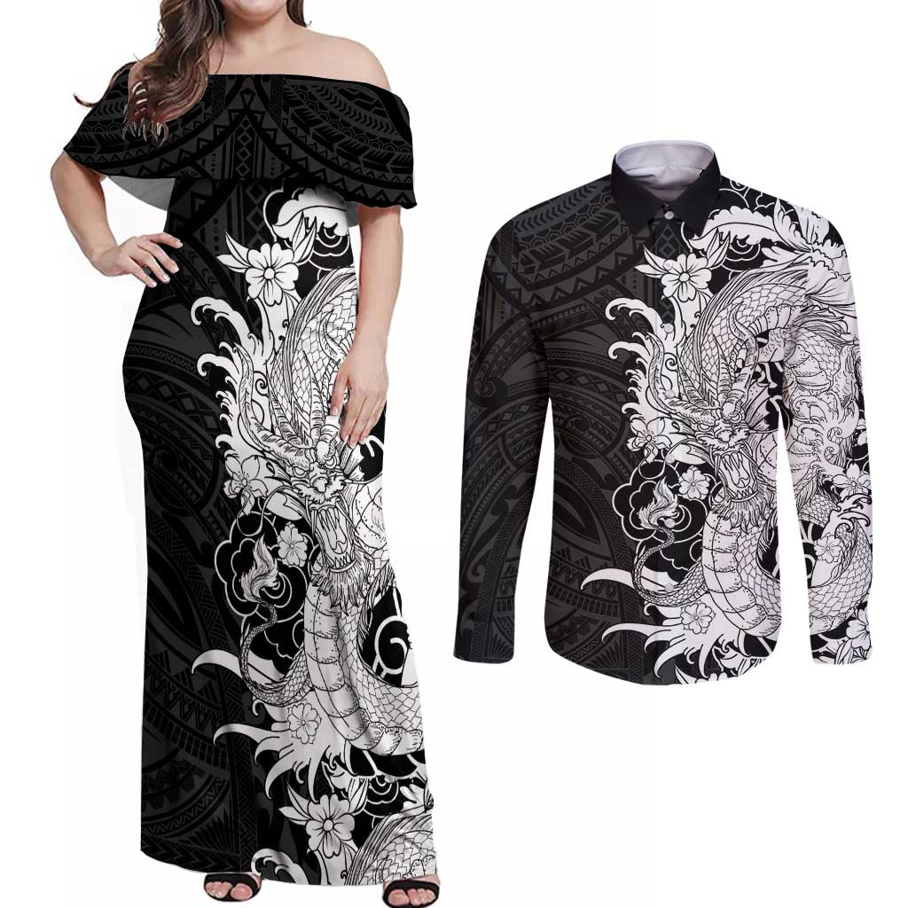 Hawaiian And Japanese Culture Couples Matching Off Shoulder Maxi Dress and Long Sleeve Button Shirt Irezumi Dragon With Polynesian Pattern Black - Polynesian Pride