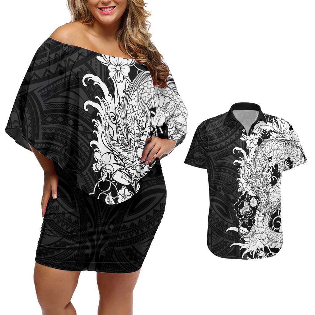 Hawaiian And Japanese Culture Couples Matching Off Shoulder Short Dress and Hawaiian Shirt Irezumi Dragon With Polynesian Pattern Black - Polynesian Pride