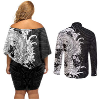 Hawaiian And Japanese Culture Couples Matching Off Shoulder Short Dress and Long Sleeve Button Shirt Irezumi Dragon With Polynesian Pattern Black - Polynesian Pride