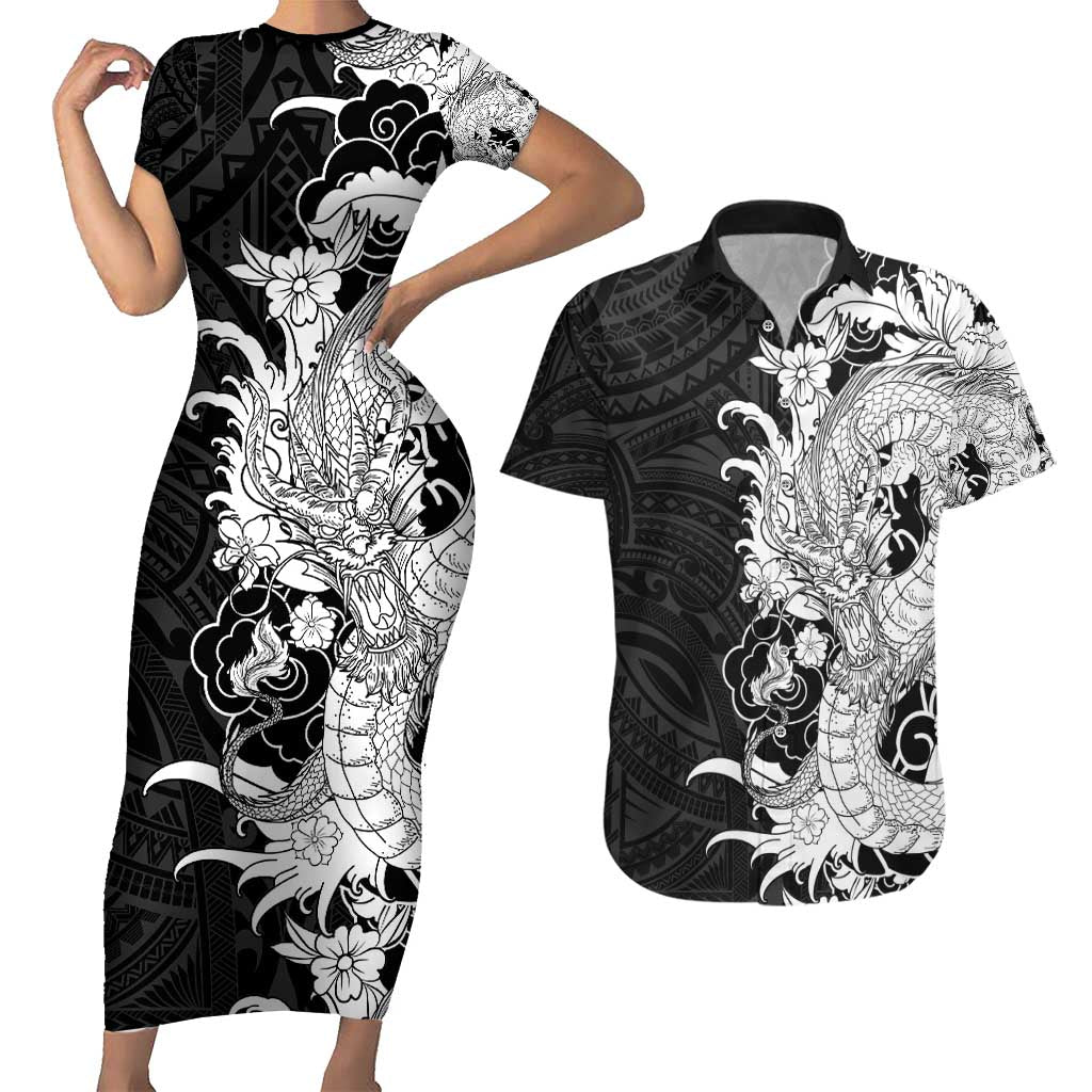 Hawaiian And Japanese Culture Couples Matching Short Sleeve Bodycon Dress and Hawaiian Shirt Irezumi Dragon With Polynesian Pattern Black - Polynesian Pride