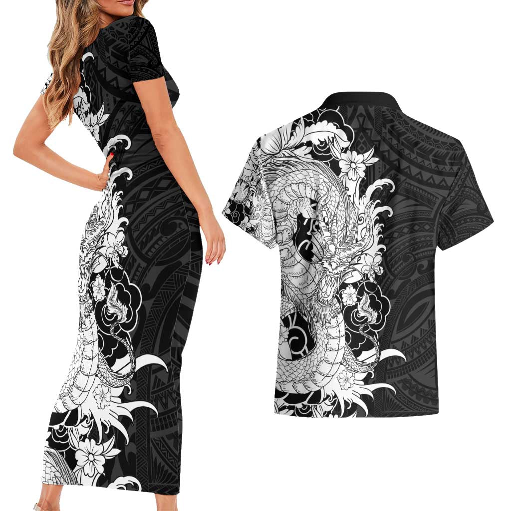 Hawaiian And Japanese Culture Couples Matching Short Sleeve Bodycon Dress and Hawaiian Shirt Irezumi Dragon With Polynesian Pattern Black - Polynesian Pride