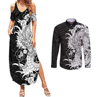 Hawaiian And Japanese Culture Couples Matching Summer Maxi Dress and Long Sleeve Button Shirt Irezumi Dragon With Polynesian Pattern Black - Polynesian Pride