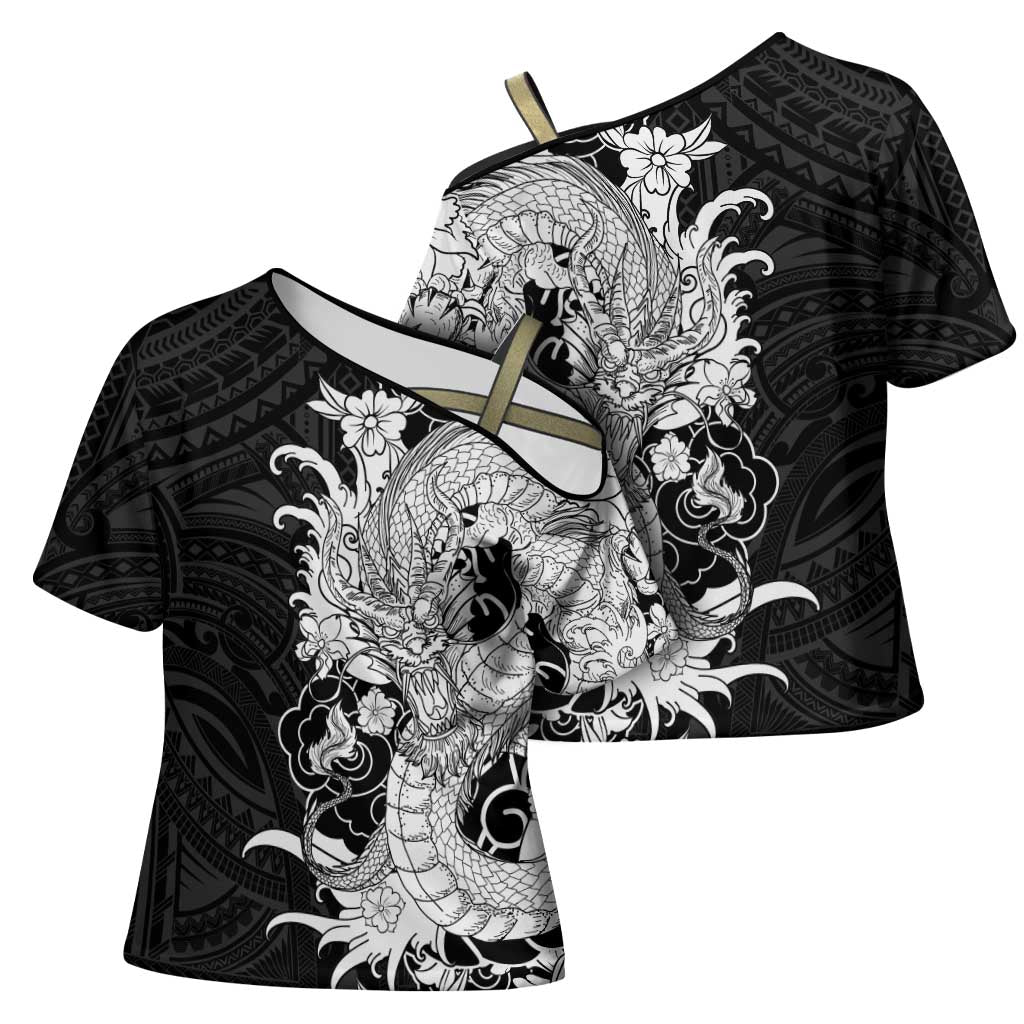 Hawaiian And Japanese Culture Cross Shoulder Shirt Irezumi Dragon With Polynesian Pattern Black LT05 - Polynesian Pride
