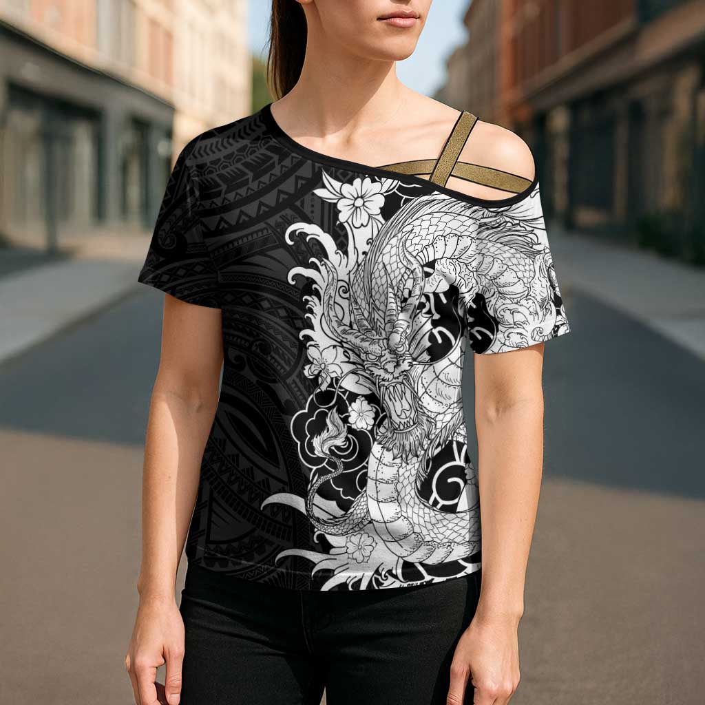 Hawaiian And Japanese Culture Cross Shoulder Shirt Irezumi Dragon With Polynesian Pattern Black LT05 - Polynesian Pride