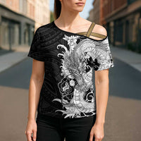Hawaiian And Japanese Culture Cross Shoulder Shirt Irezumi Dragon With Polynesian Pattern Black LT05 - Polynesian Pride