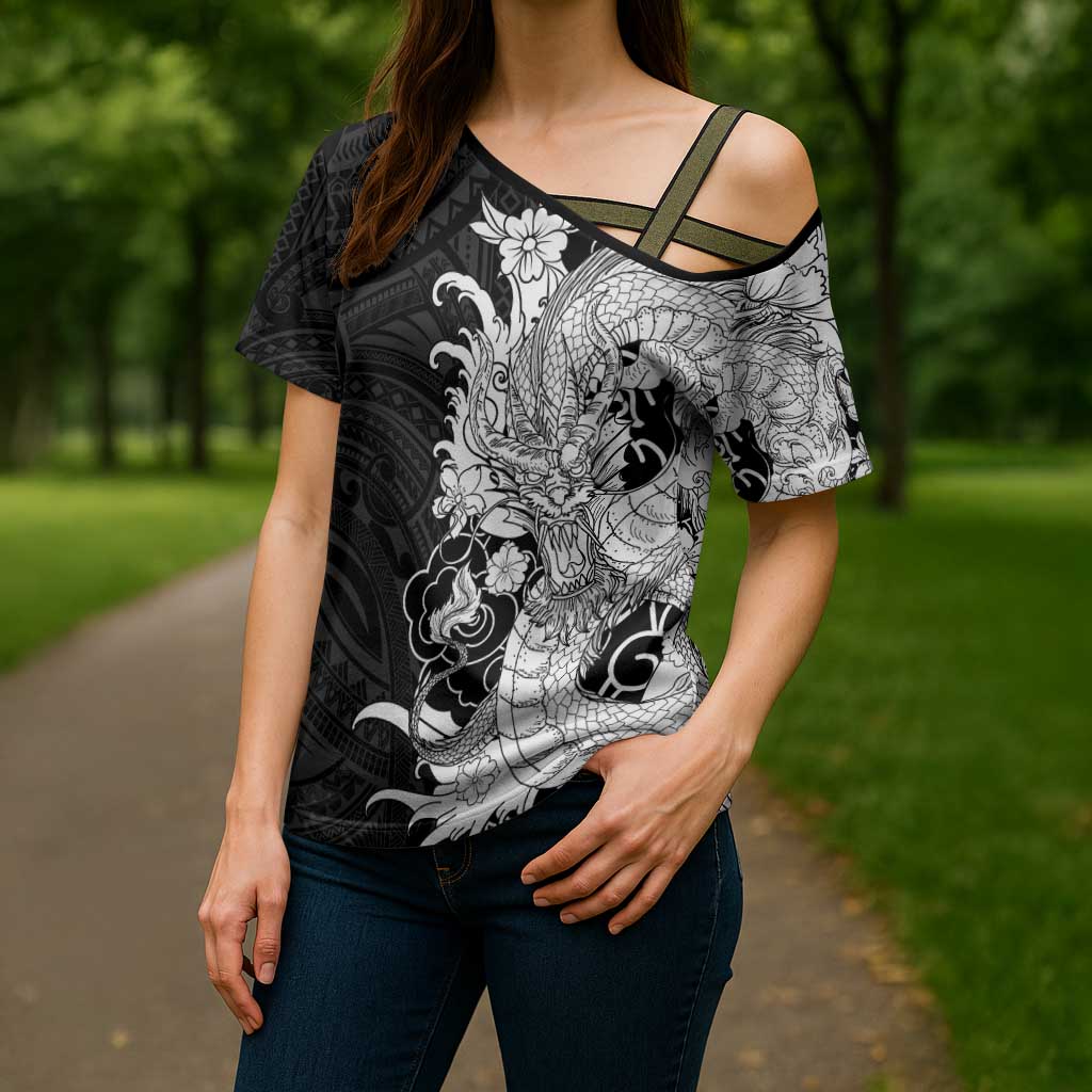 Hawaiian And Japanese Culture Cross Shoulder Shirt Irezumi Dragon With Polynesian Pattern Black LT05 - Polynesian Pride