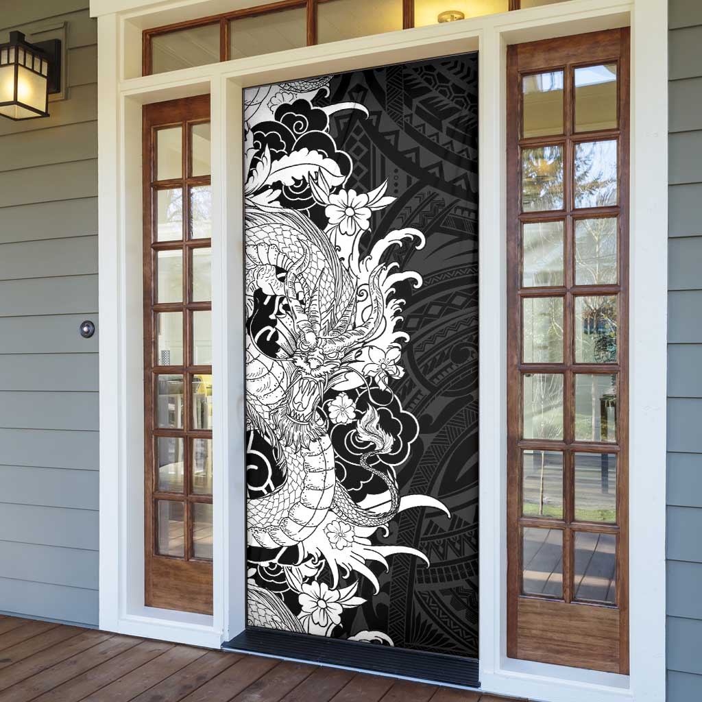 Hawaiian And Japanese Culture Door Cover Irezumi Dragon With Polynesian Pattern Black LT05 - Polynesian Pride