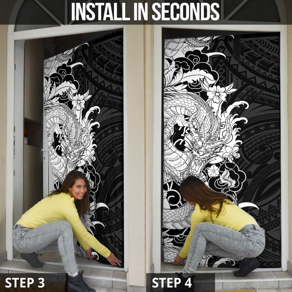 Hawaiian And Japanese Culture Door Cover Irezumi Dragon With Polynesian Pattern Black LT05 - Polynesian Pride