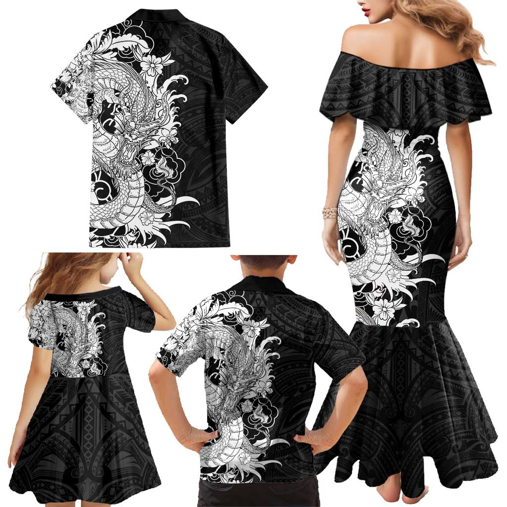 Hawaiian And Japanese Culture Family Matching Mermaid Dress and Hawaiian Shirt Irezumi Dragon With Polynesian Pattern Black - Polynesian Pride