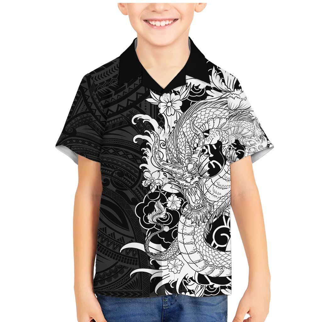 Hawaiian And Japanese Culture Family Matching Mermaid Dress and Hawaiian Shirt Irezumi Dragon With Polynesian Pattern Black - Polynesian Pride