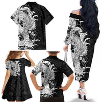 Hawaiian And Japanese Culture Family Matching Off The Shoulder Long Sleeve Dress and Hawaiian Shirt Irezumi Dragon With Polynesian Pattern Black - Polynesian Pride