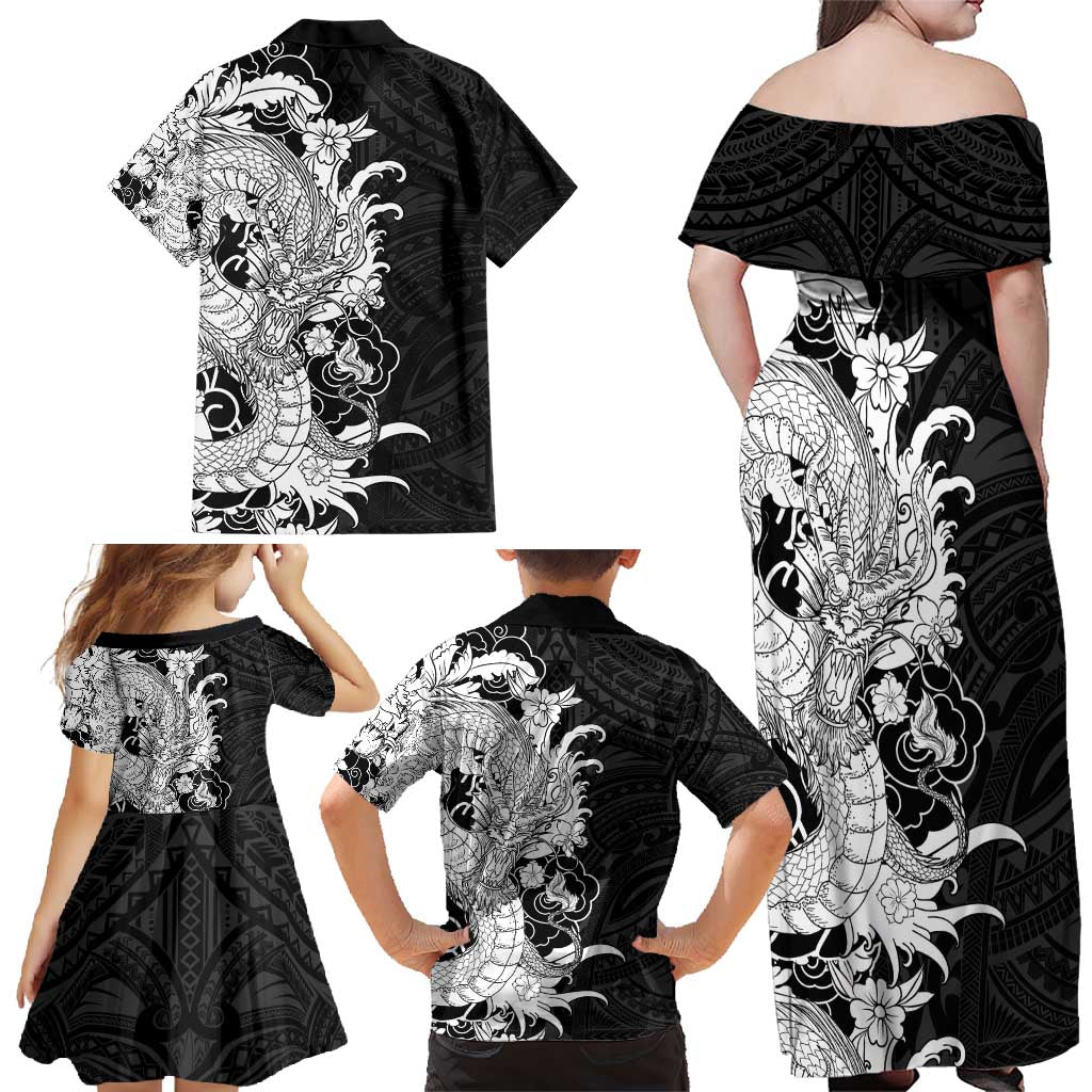 Hawaiian And Japanese Culture Family Matching Off Shoulder Maxi Dress and Hawaiian Shirt Irezumi Dragon With Polynesian Pattern Black - Polynesian Pride
