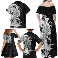 Hawaiian And Japanese Culture Family Matching Off Shoulder Maxi Dress and Hawaiian Shirt Irezumi Dragon With Polynesian Pattern Black - Polynesian Pride