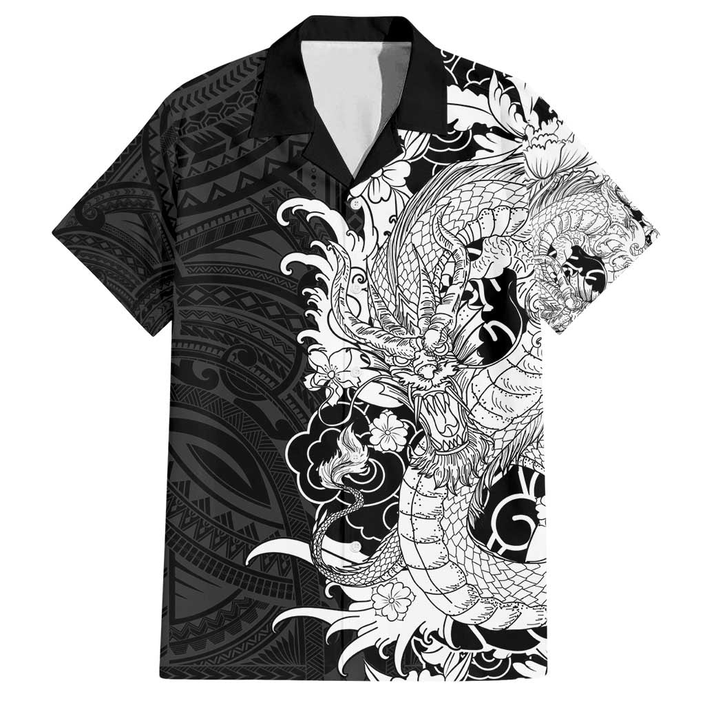 Hawaiian And Japanese Culture Family Matching Off Shoulder Maxi Dress and Hawaiian Shirt Irezumi Dragon With Polynesian Pattern Black - Polynesian Pride