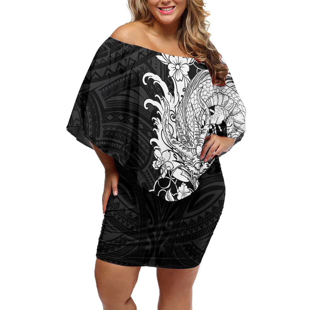 Hawaiian And Japanese Culture Family Matching Off Shoulder Short Dress and Hawaiian Shirt Irezumi Dragon With Polynesian Pattern Black - Polynesian Pride