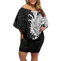 Hawaiian And Japanese Culture Family Matching Off Shoulder Short Dress and Hawaiian Shirt Irezumi Dragon With Polynesian Pattern Black - Polynesian Pride