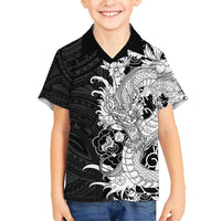 Hawaiian And Japanese Culture Family Matching Off Shoulder Short Dress and Hawaiian Shirt Irezumi Dragon With Polynesian Pattern Black - Polynesian Pride