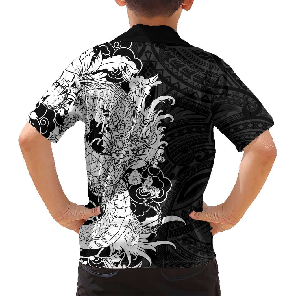 Hawaiian And Japanese Culture Family Matching Puletasi and Hawaiian Shirt Irezumi Dragon With Polynesian Pattern Black - Polynesian Pride