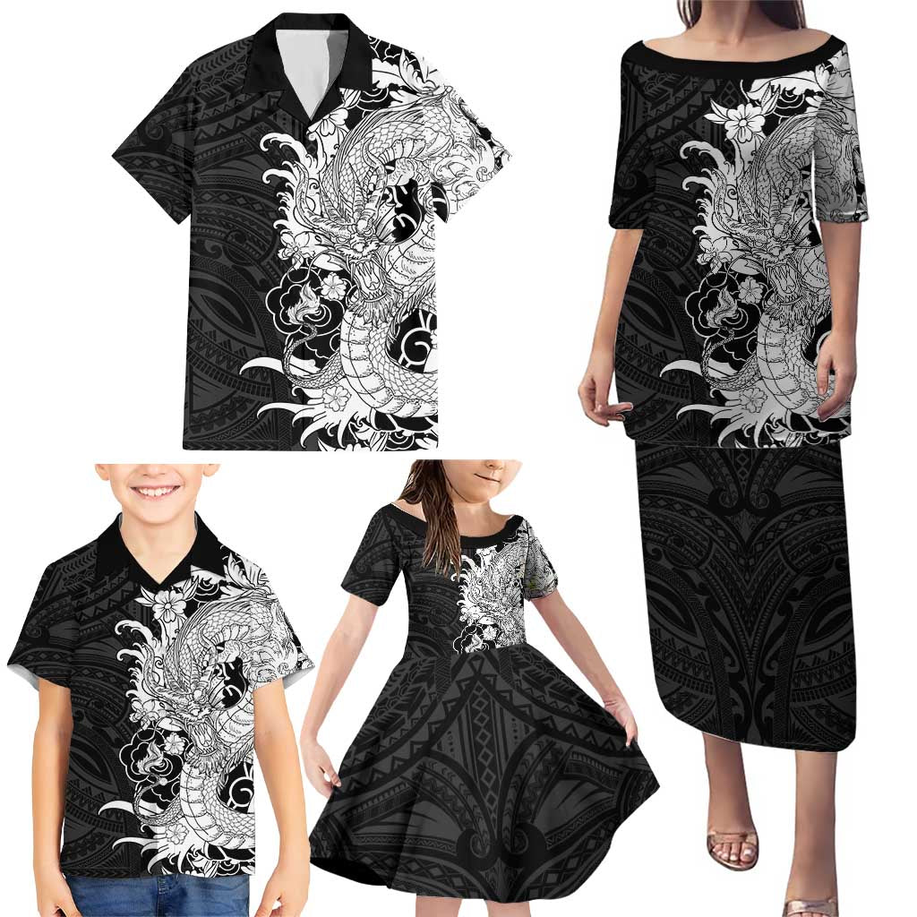 Hawaiian And Japanese Culture Family Matching Puletasi and Hawaiian Shirt Irezumi Dragon With Polynesian Pattern Black LT05 - Polynesian Pride
