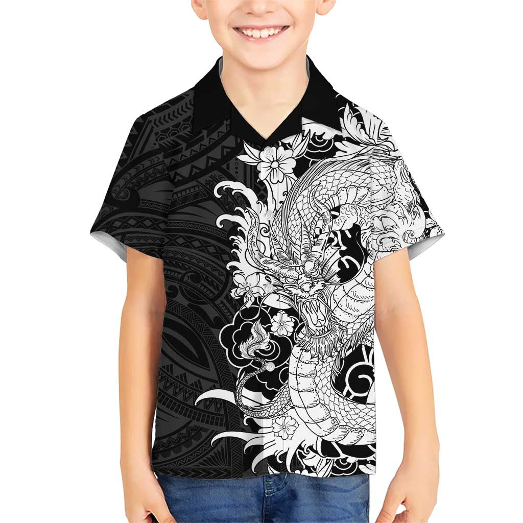 Hawaiian And Japanese Culture Family Matching Puletasi and Hawaiian Shirt Irezumi Dragon With Polynesian Pattern Black - Polynesian Pride