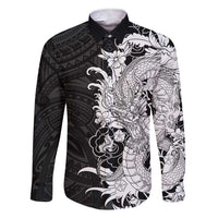 Hawaiian And Japanese Culture Family Matching Short Sleeve Bodycon Dress and Hawaiian Shirt Irezumi Dragon With Polynesian Pattern Black - Polynesian Pride
