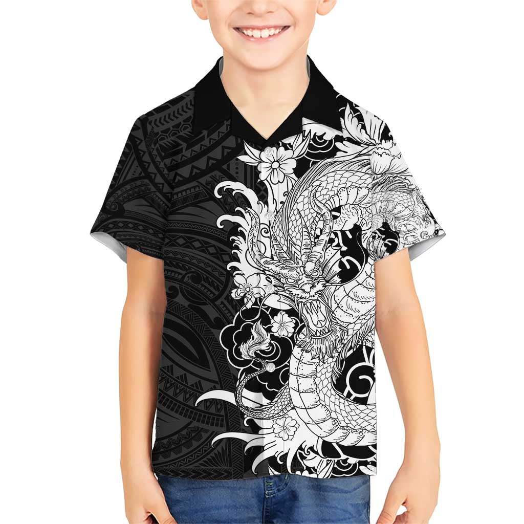 Hawaiian And Japanese Culture Family Matching Short Sleeve Bodycon Dress and Hawaiian Shirt Irezumi Dragon With Polynesian Pattern Black - Polynesian Pride